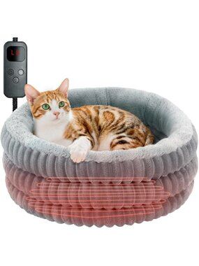 Cozy Heated Cat Bed - 20" Round Donut, Calming Thermal Pet Bed for Cats & Small